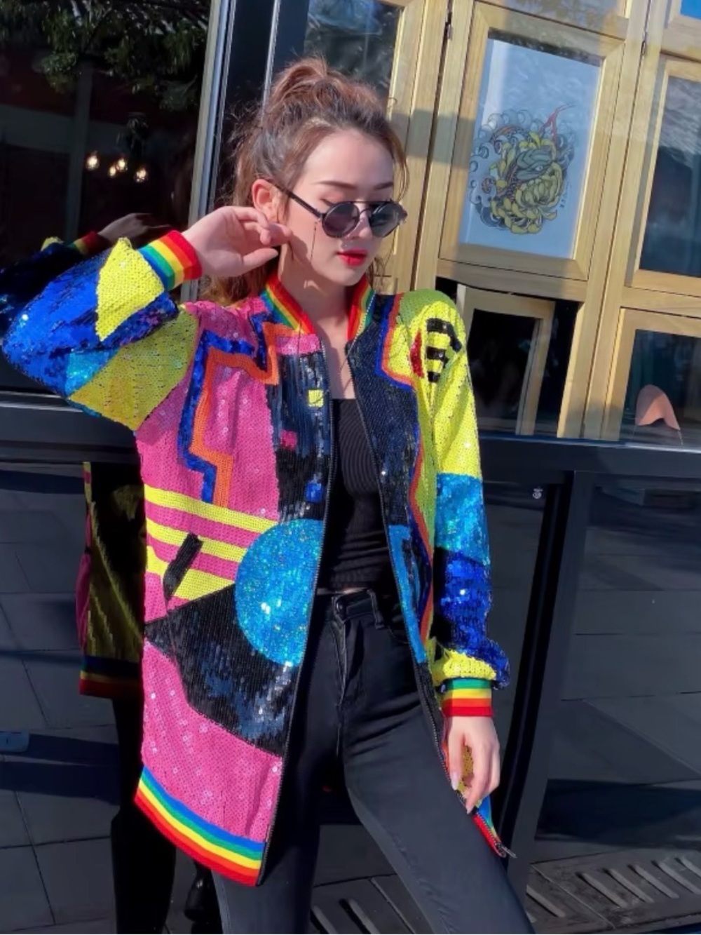 Sequin Colorblock Bomber Jacket - Multi - Picture 4 of 5